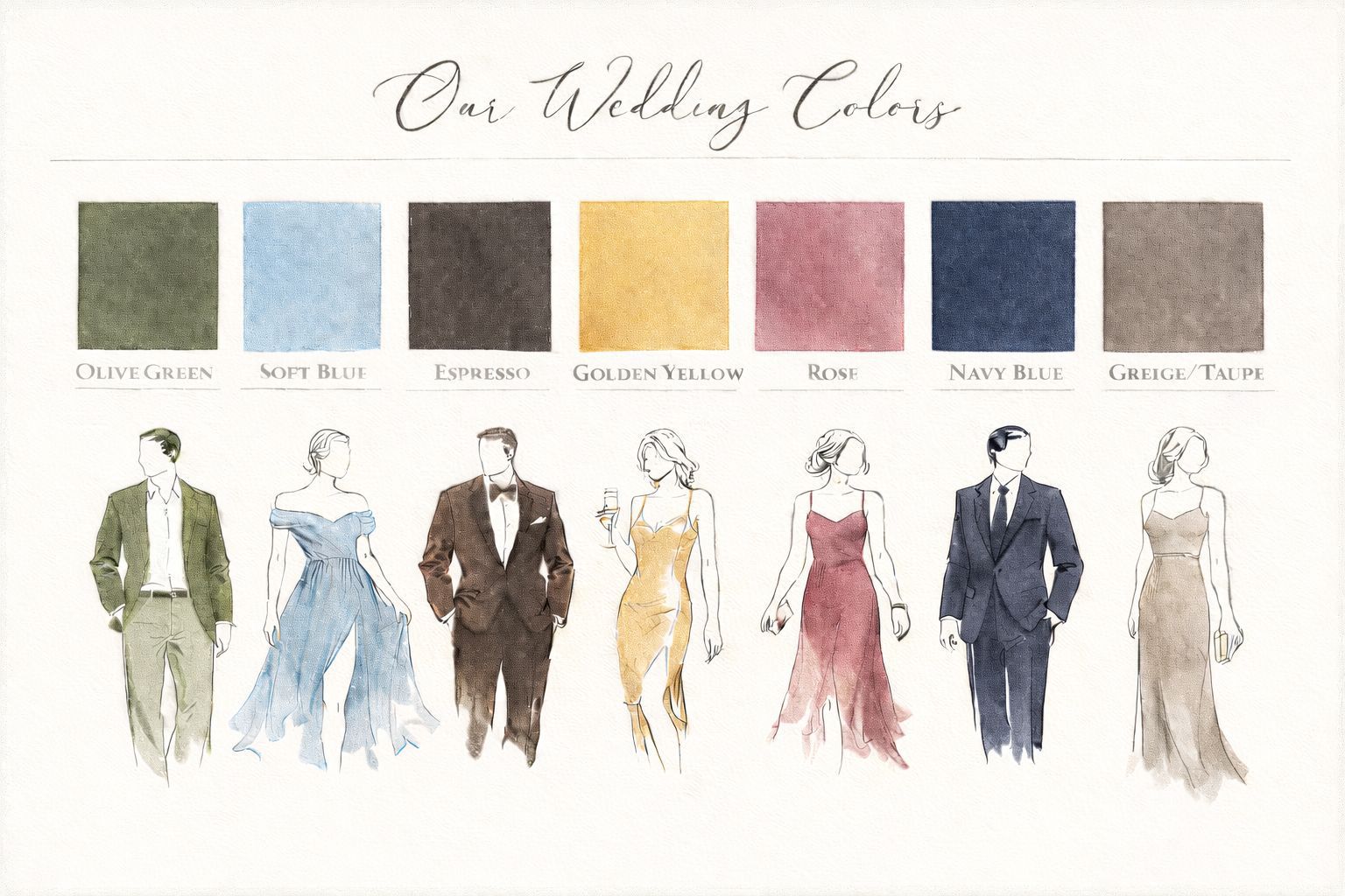 Our Wedding Colors - Olive Green, Soft Blue, Espresso, Golden Yellow, Rose, Navy Blue, Greige/Taupe